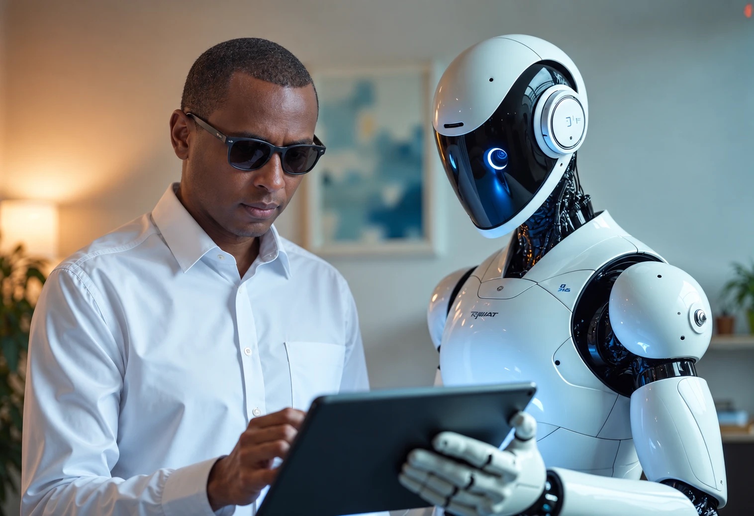 Monsieur YAPO consultant une tablette aux côtés d’un robot humanoïde